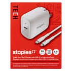 Staples - Chargeur mural USB-C avec câble de Staples - 20 W - Blanc-Le chargeur mural PD (Power Delivery) de 20 W recharge complètement vos appareils plus rapidement qu’un chargeur USB standard de 5 W
