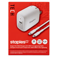 Staples - Chargeur mural USB-C avec câble de Staples - 20 W - Blanc-Le chargeur mural PD (Power Delivery) de 20 W recharge complètement vos appareils plus rapidement qu’un chargeur USB standard de 5 W
