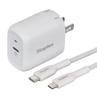 Staples - Chargeur mural USB-C avec câble de Staples - 20 W - Blanc-Comprend un câble tressé durable et anti-enchevêtrement USB-C vers Lightning Génération 2.0 de 3,3 pi (1 m) testé pour résister à jusqu’à 5 000 torsions