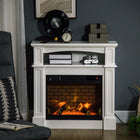 HOMCOM - Foyer électrique avec manteau, rangement et télécommande, blanc-Effet de flamme LED réaliste avec 4 réglages de luminosité réglables