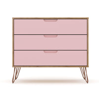 Manhattan Comfort - Rockefeller commode moderne mi-siècle 35,24" - nature et rose pâle-Commode Mid-Century Modern pour chambre à coucher