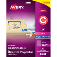 Avery - Étiquettes d'expédition Easy Peel laser/jet d'encre, incolores lustrées, 8 1/2 po x 11 po, paq./10, (7665)-Étiquette permanente