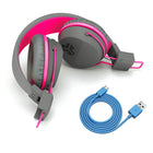 JLab Buddies Studio Kids Écouteurs Sans Fil, Bluetooth, Gris / Rose-Boucles d'oreilles circulaires pivotent de 80 degrés et se replient dans la paume de votre main