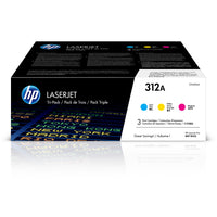 HP 312A (CF440AM) Ens. 3 cartouches de toner HP LaserJet cyan, magenta et jaune d’origine-Couleurs: Cyan, magenta, jaune