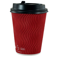 Gobelets à Double Paroi Ondulée (inclus Couvercle) - 12oz - Rouge - Paquet de 100-Servez vos boissons chaudes et froides avec confiance