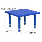 Flash Furniture – Ensemble avec table d’activités carrée réglable de 24 po et 2 chaises d’école empilables, bleu-Capacité de charge statique de 220 lb