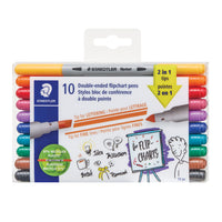 Staedtler - Marqueurs pour tableaux à feuilles doubles à double pointe, couleurs assorties, paquet de 10-2 tailles de pointe (biseautée et fin) = plus de liberté de création