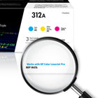 HP 312A (CF440AM) Ens. 3 cartouches de toner HP LaserJet cyan, magenta et jaune d’origine-Rendement approximatif par cartouche: 2 700 pages cyan, 2 700 pages magenta, 2 700 pages jaune