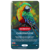 Crayons Chromaflow Derwent - boîtier métallique - paquet de 12-Les crayons de couleur Chromaflow offrent une couche de couleur lisse, facilitant le mélange, la superposition et l'ombrage