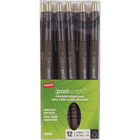 Staples - Stylos à bille Postscript à pointe rétractable - 1,0 mm - noirs - paquet de 12-Stylos à bille à pointe rétractable avec pointe chromée stylisée