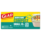 Glad - Petits sacs compostables à cordon coulissant - non parfumés - 10 L - Paquet de 15-PETITS SACS DE COMPOSTAGE À CORDON COULISSANT: Boîte de 15 petits sacs Glad de 10 L à cordon coulissant.