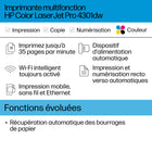 HP - Imprimante couleur multifonction LaserJet Pro 4301dw-Vitesse d'impression - Première page imprimée Letter: As fast as 9.1 sec Noir, As fast as 9.7 sec Couleur, Première page imprimée A4: Vitesse : 9,5 s Noir, En 10,2 secondes seulement Couleur, Letter: Jusqu'à 35 ppm Noir, Up to 35 ppm Couleur, A4: Jusqu'à 33 ppm Noir, Jusqu'à 33 ppm Couleur