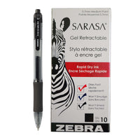 Zebra - Stylos Sarasa à encre gel rétractables – 0,7 mm – noirs – paquet de 10-Prise caoutchoutée souple sans latex