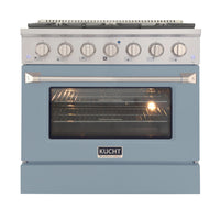 Kucht - 36 po Série KNG Cuisinière Pro Style au gaz propane - Acier inoxydable/Bleu pâle-Cuisez et pâtissez comme un pro grâce au four à convection extra-grand offrant une capacité de 4,2 pi³, une configuration à cinq grilles et une vaste fenêtre d’observation