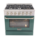 Kucht - 36 po Série KNG Cuisinière Pro Style au gaz propane - Acier inoxydable/Vert-Cuisinière à gaz 6 brûleurs incluant un brûleur double de 20 000 BTU TrueSimmer, un brûleur de 15 000 BTU, un brûleur de 12 000 BTU, deux brûleurs de 9 000 BTU et un brûleur de 6 000 BTU pour un mijotage délicat