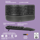 Logitech - Wave Keys Clavier ergonomique sans fil, repose-poignets rembourré - Graphite-Connexion via Bluetooth ou récepteur Logi Bolt: avec Easy-Switch, basculez de l'ordinateur à la tablette et au téléphone (compatible avec Windows/macOS/iPadOS/ChromeOS), jusqu'à 3 ans d’autonomie