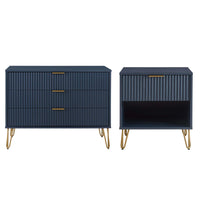 Manhattan Comfort - Dumbo table de chevet moderne 1 tiroir et commode 3 tiroirs - bleu minuit - ensemble de 2-Commode de chambre moderne-contemporaine avec une touche de glamour Ensemble comprenant 1 commode standard et 1 table de nuit 1.0