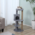 PawHut - arbre à chat 41 po avec condo, poteaux à griffer, balle suspendue - gris-Un perchoir supérieur avec des oreilles mignonnes, une maison en dessous, une petite plateforme et une balle suspendue 