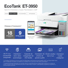 Epson - Imprimante multifonction couleur sans fil EcoTank ET-3950 à réservoirs d’encre géants – Blanc-Fonctionnalités de productivité avancées: vitesses d’impression rapides de 18 ppm ISO en noir et 9 ppm ISO en couleurs avec un temps de préchauffage nul. chargeur automatique de documents. bac d’alimentation papier grande capacité de 250 feuilles. impression, copie et numérisation recto verso automatiques; écran couleur de 6,1 cm (2,4 po) pour faciliter la navigation dans les menus