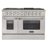 Kucht - 48 po Série KNG Cuisinière Pro Style au gaz propane - Acier inoxydable-Cuisinez et pâtissez comme un professionnel grâce à deux fours séparés dotés de larges vitres. Le four principal est un four robuste en porcelaine bleue d’une capacité de 4,2 pi³, tandis que le four latéral supplémentaire offre une capacité de 2,5 pi³