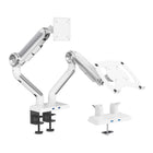 ShoppingAll - Support double moniteur et ordinateur portable 2-en-1 robuste - Blanc-Un bras prend en charge un écran compatible VESA jusqu'à 35 po pesant 26,5 lb ou moins, un autre bras prend en charge un plateau pour ordinateur portable pouvant contenir des ordinateurs portables jusqu'à 17 po