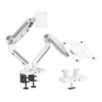 ShoppingAll - Support double moniteur et ordinateur portable 2-en-1 robuste - Blanc-Un bras prend en charge un écran compatible VESA jusqu'à 35 po pesant 26,5 lb ou moins, un autre bras prend en charge un plateau pour ordinateur portable pouvant contenir des ordinateurs portables jusqu'à 17 po