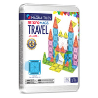 Magna-Tiles - Ensemble de construction magnétique Voyage de luxe 55 pièces-Ce qui est inclus: 55 tuiles magnétiques microMAGS, dont : 6 triangles rectangles, 6 triangles isocèles, 8 triangles équilatéraux, 34 carrés et 1 plaque de base rectangulaire. L’emballage en étain métallique offre à la fois un rangement pratique et une plaque de base pour les constructions en déplacement