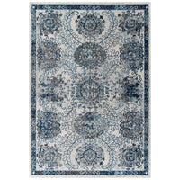 Modway - Entourage Treillis marocain floraux vieillis Kensie Tapis de comédie 8 pi l x 10 pi L - Ivoire et bleu-Tapis floral marocain vieilli usé