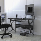Flash Furniture – Bureau d’ordinateur avec support clavier à glissière et chariot pour PC, noir (NANWK105)-Surface en verre trempé noir