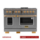 Kucht - 48 po Série KXP Cuisinière double énergie Gaz naturel - Acier inoxydable/Or-Cuisinez comme un pro avec deux fours séparés dotés de grandes fenêtres : le principal est en porcelaine bleue robuste avec une capacité de 4,2 pi³, et le four latéral offre 2,5 pi³