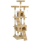 PawHut - Arbre à chat multi-niveaux 68 po H, avec poteaux à griffer, maisonnette pour chat - brun clair-Arbre à chat haut à plusieurs niveaux avec 3 plateformes supérieures, 2 grandes niches, 2 échelles, 3 jouets suspendus pour que le chat puisse jouer 