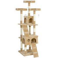 PawHut - Arbre à chat multi-niveaux 68 po H, avec poteaux à griffer, maisonnette pour chat - brun clair-Arbre à chat haut à plusieurs niveaux avec 3 plateformes supérieures, 2 grandes niches, 2 échelles, 3 jouets suspendus pour que le chat puisse jouer 