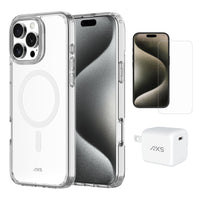 AXS - Ensemble de départ - étui ULTRA CLEAR transparent testé contre les chutes, protecteur d’écran et chargeur 30W pour iPhone 16 Pro Max - Clear-Étui résistant aux chutes avec des poches d’air absorbant les chocs