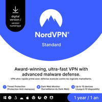 NordVPN - Standard - VPN et au logiciel de cybersécurité - 1 an d'abonnement - 10 appareils [Téléchargement]-Une adresse e-mail valide doit être fournie lors du paiement