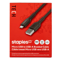 Staples - TECH Câble de chargement micro-USB vers USB-A - 6,5 pi - blanc-Câble micro-USB vers USB-A de 6,5 pi (2 m) qui transfère les données à des vitesses allant jusqu’à 480 Mb/s