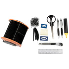 JAM Paper - Ensemble de fournitures de bureau  - 5 x 5 x 5 - rond - orange-Les fournitures comprennent un ensemble de trombones et d'agrafes, une mini-agrafeuse, une gomme, des post-it, une paire de ciseaux, deux stylos, un surligneur jaune, une règle de 6 pouces et un cutter.