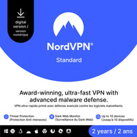 NordVPN - Standard - 2 ans d'abonnement au VPN et au logiciel de cybersécurité pour 10 appareils [Téléchargement]-Une adresse e-mail valide doit être fournie lors du paiement