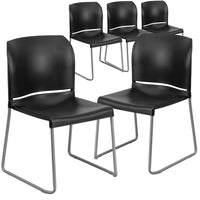 Chaise empilable noire profilée HERCULES d’une capacité de 880 lb à dossier complet avec base traîneau enduite de poudre grise-Ensemble de 5 chaises empilables polyvalentes