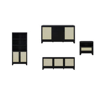 Manhattan Comfort - Ensemble de 4 : Meuble TV, bibliothèque, buffet et table d’appoint Sheridan style Mid-Century Modern - Noir-Ensemble de 4 - Salon moderne en rotin. Comprend une bibliothèque, un buffet, un meuble TV et une table d’appoint