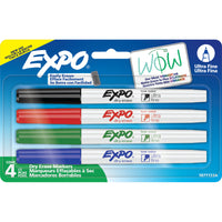 Expo - Marqueurs effaçables à sec à faible odeur − Pointe ultrafine − Couleurs variées − Paquet de 4-Produit une marque d’une largeur de presque 50 % plus petite que la plupart des marqueurs à pointe fine