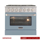 Kucht - 36 po Série KDF Cuisinière Pro Style au gaz naturel - Acier inoxydable/Bleu clair-La cuisinière à gaz à 6 brûleurs comprend un brûleur double de 20 000 BTU avec mode mijotage, un brûleur de 15 000 BTU, un brûleur de 12 000 BTU, deux brûleurs de 9 000 BTU et un brûleur de 6 000 BTU