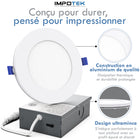 Impotek - Luminaire encastré au plafond DEL 4 po 9W 5CCT gradable avec veilleuse – Paquet de 6-Luminosité exceptionnelle et gradation réglable - Illuminez votre espace avec le summum de la technologie LED. Notre lumière de plafond encastrée offre des lumens supérieurs pour une luminosité inégalée tout en maintenant une efficacité énergétique de seulement 9 watts pour 800 lumens. Profitez d’une gradation fluide de 5 % à 100 %, garantissant une compatibilité avec une large gamme de gradateurs sur le marché. V