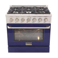 Kucht - 36 po Série KDF Cuisinière Pro Style au gaz propane - Acier inoxydable/Bleu-Cuisinez et pâtissez comme un professionnel avec le four à convection extra-large de 5,2 pi³, configuration à 5 grilles et grande fenêtre de four