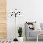 Simple Designs - Lampe de sol noire à col de cygne réglable, 5 lampes, abat-jour blanc-5 ampoules type A à base moyenne 60W (non incluses)