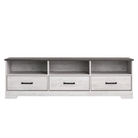 Prepac - Meuble TV Rustic Ridge, cabinet de rangement 66 po avec étagères, cabinet de rangement pour salon - Blanc vieilli-Armoire de rangement blanche contemporaine avec charme de ferme: Cette armoire de rangement pour chambre à coucher présente une finition blanchie à la chaux 2 tons avec un plateau en planches de chêne gris rustique, une base biseautée et des poignées en métal chanfreinées