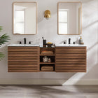Modway - Render Évier double mural de 62" Vanette de salle de bain - Blanc noyer-Tiroirs à glissement complet