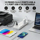 Huntkey - Parasurtenseur multiprise avec 12 prises et 3 ports USB (2 USB-A et 1 USB-C à charge rapide 20 W), cordon de 6 pi avec fiche plate - blanc, paquet de 2-Dispose d'une disposition unique avec 12 prises CA largement espacées, spécialement conçues pour accueillir des adaptateurs volumineux sans bloquer les prises voisines.