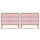 Manhattan Comfort - Rockefeller commode 3 tiroirs 35,24" style milieu du siècle moderne - nature et rose poudré - lot de 2-Commode Mid-Century Modern pour chambre à coucher lot de 2