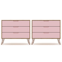 Manhattan Comfort - Rockefeller commode 3 tiroirs 35,24" style milieu du siècle moderne - nature et rose poudré - lot de 2-Commode Mid-Century Modern pour chambre à coucher lot de 2