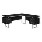 Monarch Specialties - 7619 Bureau 70 po - Noir/Metal Argent/Face L/R-Bureau d'ordinateur à panneaux épais en forme de L au fini noir avec 3 tiroirs de rangement et 3 pieds en métal au fini argenté